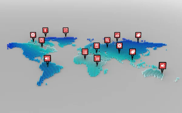 ソーシャル メディア アイコンの概念と世界地図のドット — ストック写真