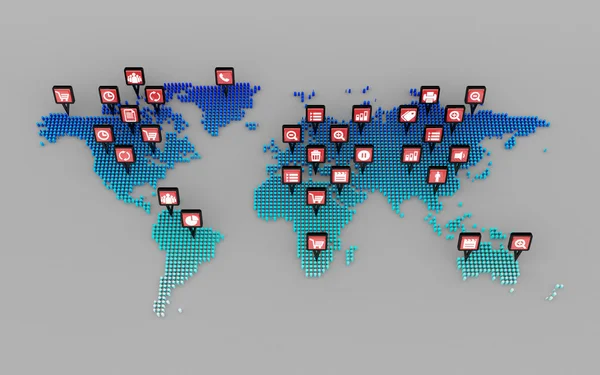 Κοινωνικών μέσων εικονίδια έννοια και παγκόσμιο χάρτη κουκκίδα — Φωτογραφία Αρχείου