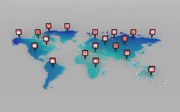 Sociální media ikony koncept a Světová mapa tečka — Stock fotografie