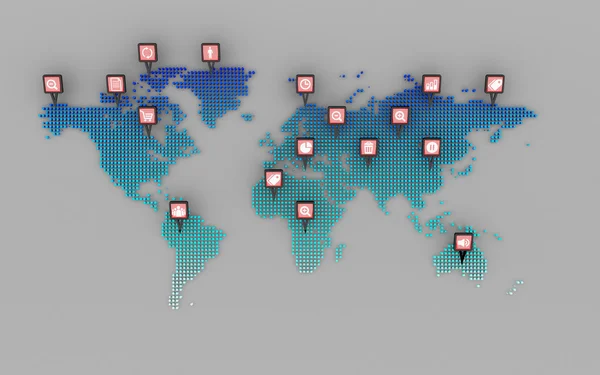 Conceito de ícones de mídia social e ponto de mapa do mundo — Fotografia de Stock