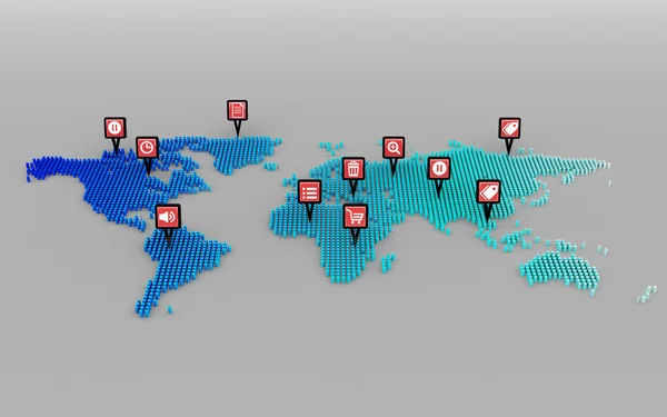 Sociální media ikony koncept a Světová mapa tečka — Stock fotografie