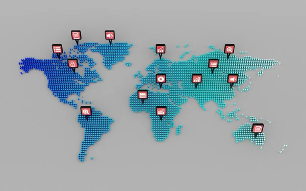 Conceito de ícones de mídia social e ponto de mapa do mundo — Fotografia de Stock