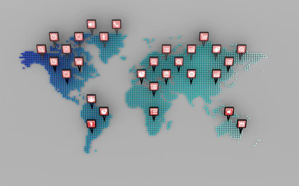 Sociální media ikony koncept a Světová mapa tečka — Stock fotografie