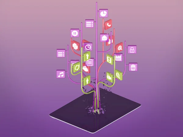 Le icone dei social media impostate a forma di albero sul moderno pc tablet nero — Foto Stock