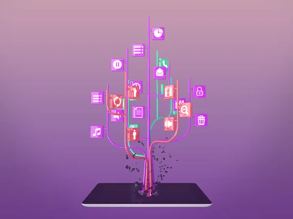 Sosiaalisen median kuvakkeet asetettu puun muotoon moderni musta tabletti pc — kuvapankkivalokuva