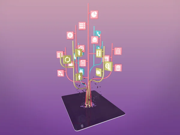Social media icons set in tree shape on Modern black tablet pc — Stock Photo, Image