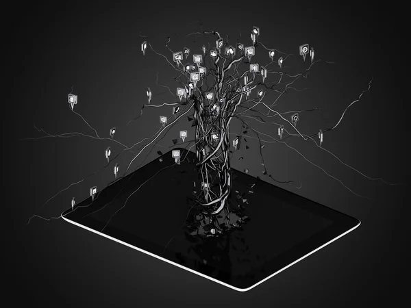 Le icone dei social media impostate a forma di albero sul moderno pc tablet nero . — Foto Stock