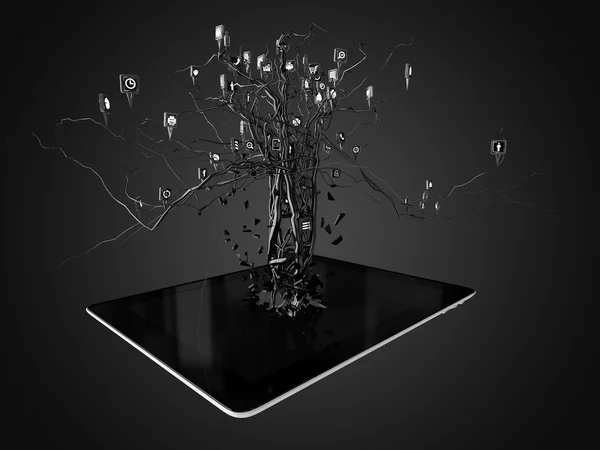 在现代的黑色 tablet pc 上树形状中设置的社交媒体图标. — 图库照片