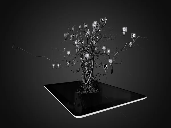 モダンな黒のタブレット pc にツリー図形にソーシャル メディアのアイコンを設定します。. — ストック写真