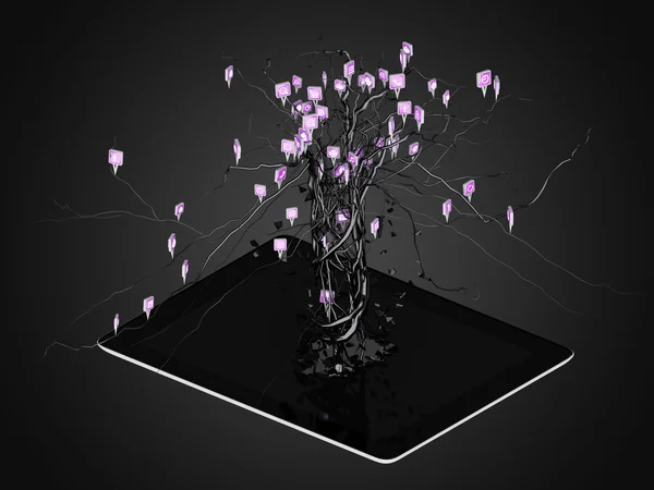 Le icone dei social media impostate a forma di albero sul moderno pc tablet nero . — Foto Stock