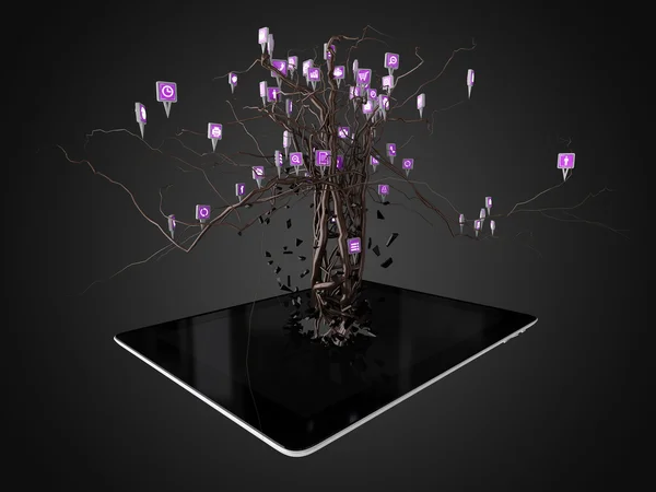 Iconos de redes sociales establecidos en forma de árbol en la tableta negra moderna PC . — Foto de Stock