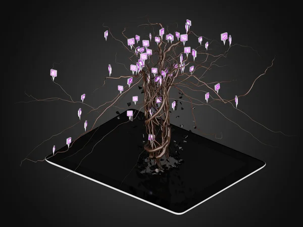 Le icone dei social media impostate a forma di albero sul moderno pc tablet nero . — Foto Stock