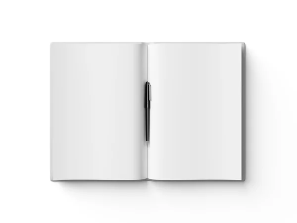 Caneta preta sobre livro aberto branco, sobre fundo branco . — Fotografia de Stock