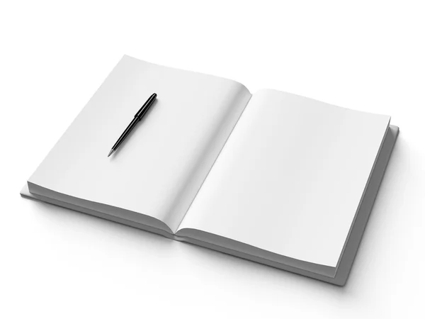 Black pen on white open book, on white background. — Stock Photo, Image