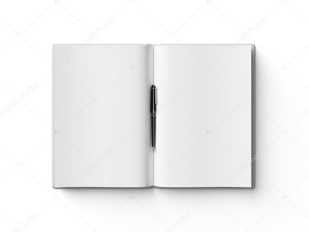 Black pen on white open book, on white background.