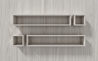 3D izole boş raf ahşap arka plan üzerinde sergi için