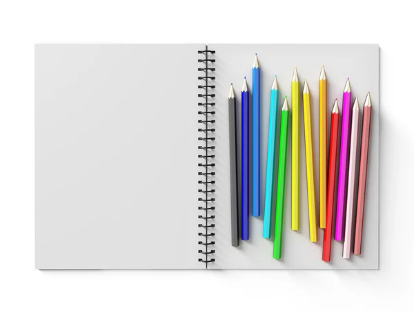 Notizbuch mit Buntstiften auf weißem Hintergrund — Stockfoto