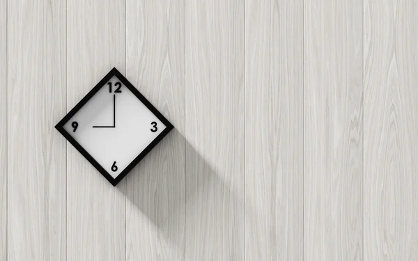 Czarny zegar wiszący na ścianie drewna — Zdjęcie stockowe