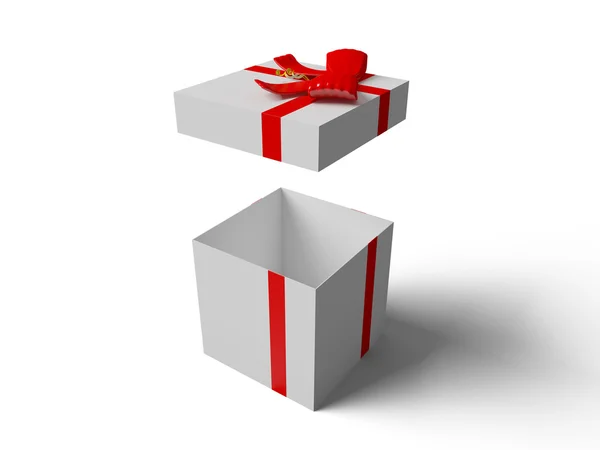 Open White gift box with red ribbon bow — Stock Photo, Image