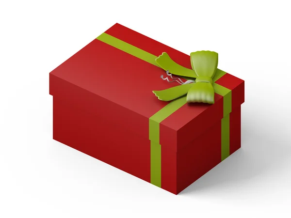 Red gift box with green ribbon bow — Stock Photo, Image