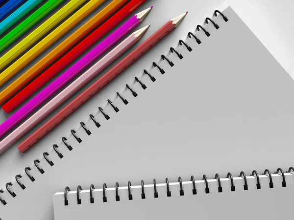 Σημειωματάριο με χρωματιστά μολύβια σε άσπρο φόντο — Φωτογραφία Αρχείου