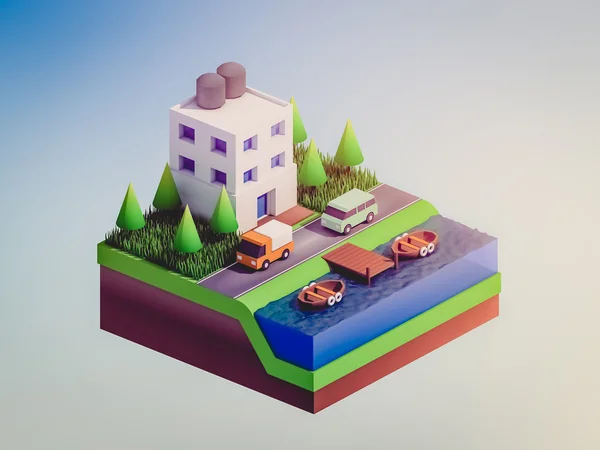 isometric city buildings, landscape, Road and river