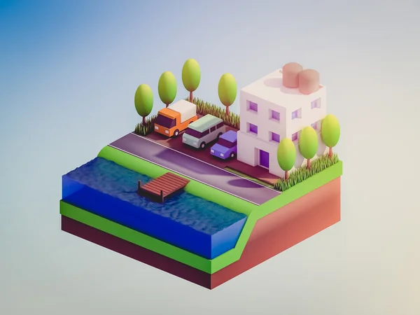 isometric city buildings, landscape, Road and river