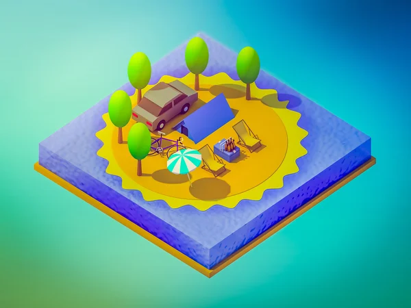 Isometric berkemah di pantai — Stok Foto