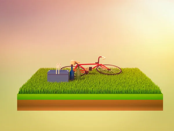 等距的绿色自行车，绿色的草地上 — 图库照片