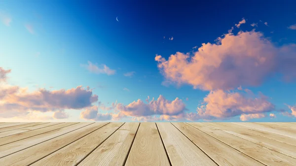 Perspectiva madeira e pôr do sol fundo — Fotografia de Stock