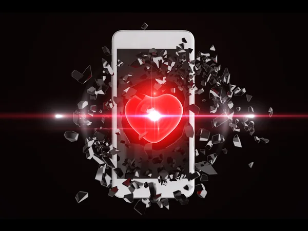 Czerwone serce pękł z smartphone, Flara obiektywu — Zdjęcie stockowe