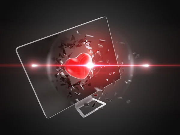 Rotes Herz zerstört Computerbildschirm. — Stockfoto
