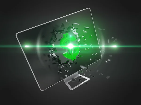 Zielony znak dolara zniszczyć ekranie komputera. — Zdjęcie stockowe