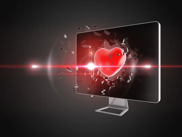 Coração vermelho destruir tela do computador . — Fotografia de Stock