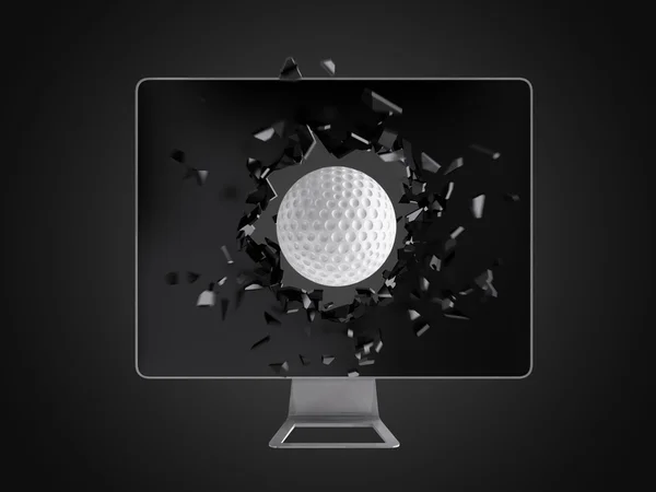 高尔夫球场球破坏电脑屏幕. — 图库照片