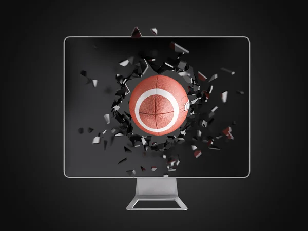 Football destroy computer screen. — Stock Photo, Image