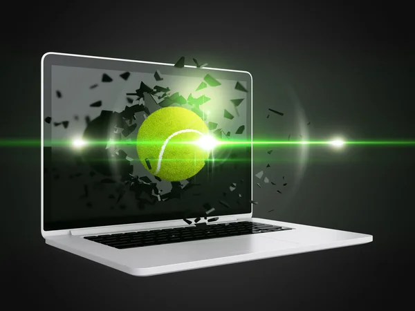 Bola de tênis destruir laptop — Fotografia de Stock