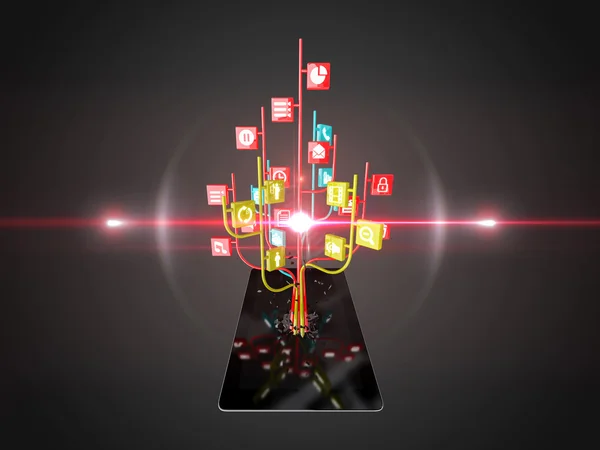 Ícones de mídia social definido em forma de árvore no computador tablet preto moderno — Fotografia de Stock