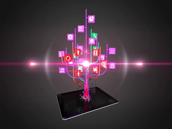 Ícones de mídia social definido em forma de árvore no computador tablet preto moderno — Fotografia de Stock
