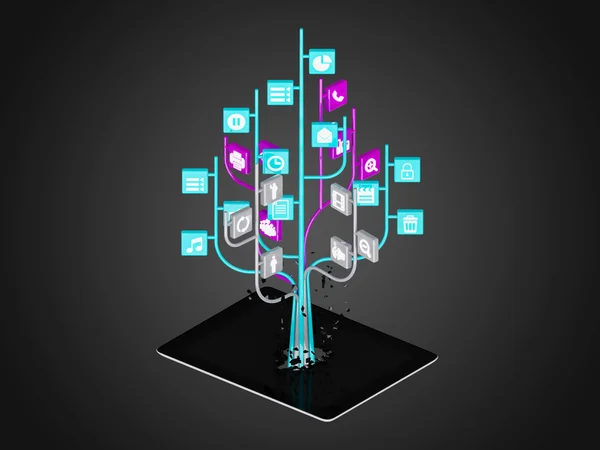 Media społeczne ikony w kształcie drzewa na nowoczesny Tablet czarny — Zdjęcie stockowe