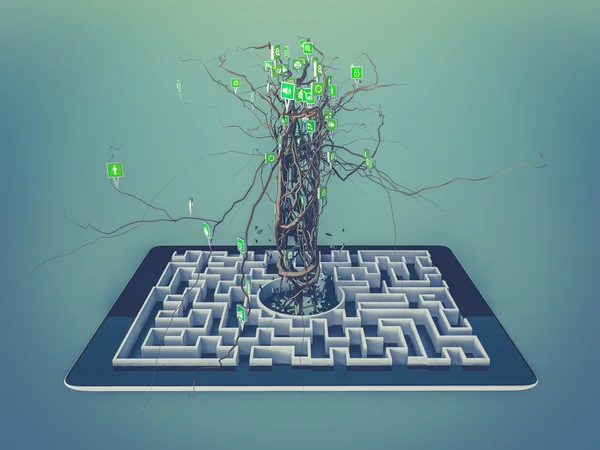Ícones de mídia social definidos em forma de árvore no labirinto no tablet . — Fotografia de Stock