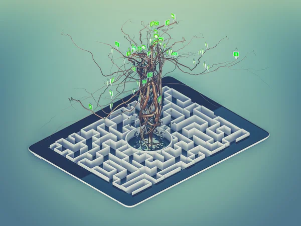 Icone dei social media impostate a forma di albero su Labirinto nel tablet . — Foto Stock