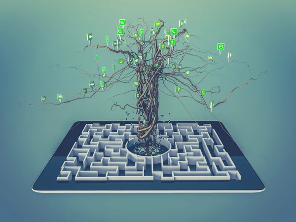 Social media icons set in tree shape on Maze in the tablet.