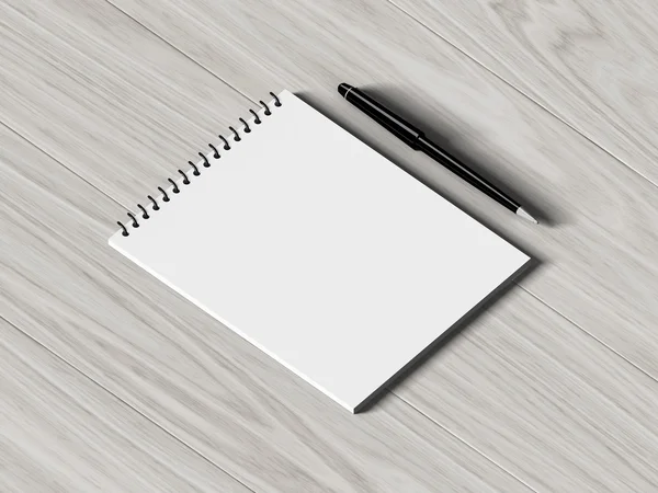 Papel em branco com caneta. sobre fundo de madeira — Fotografia de Stock