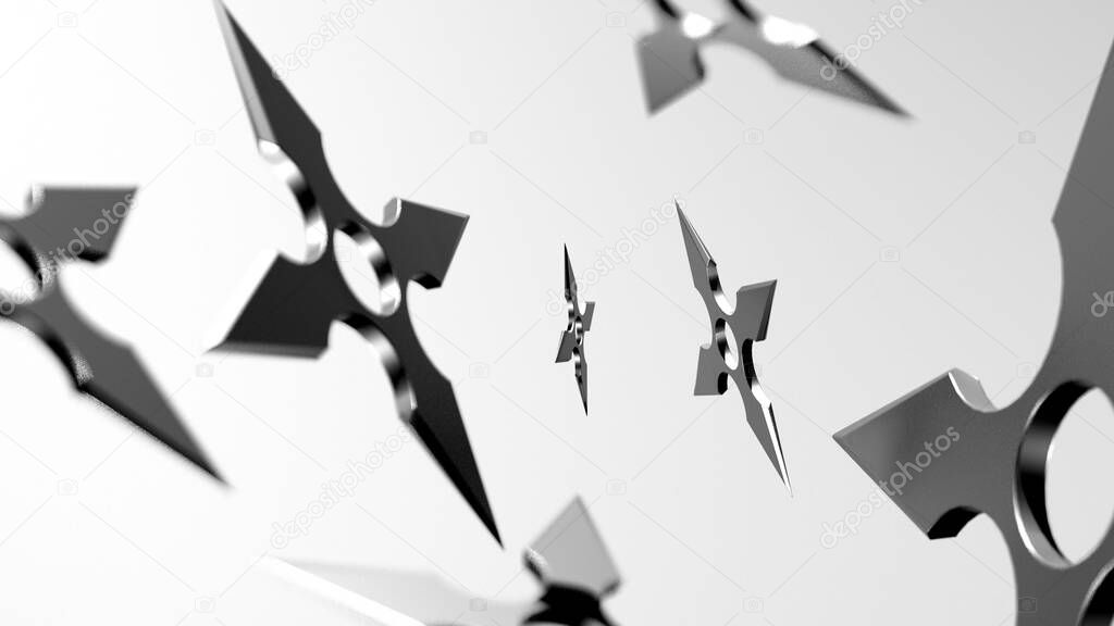 3D rendering illustration of shuriken ninja stars for web and print template. Shuriken (throwing star), traditional japanese ninja cold weapon flying in different perspectives on a grey background
