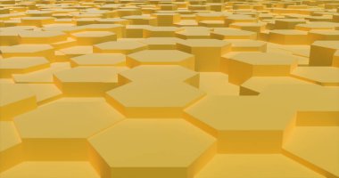 Altıgenli üç boyutlu soyut arkaplan, altıgenli sarı modern teknoloji arka planı, üç boyutlu illüstrasyon, bal peteği, arı kovanı oluşturma arkaplanı