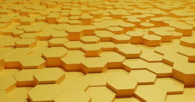 Altıgenli üç boyutlu soyut arkaplan, altıgenli sarı modern teknoloji arka planı, üç boyutlu illüstrasyon, bal peteği, arı kovanı oluşturma arkaplanı