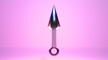 Ağ ve baskı şablonu için Ninja Kunai 'nin 3 boyutlu çizimi. Kunai (bıçak fırlatma), geleneksel Japon soğuk silahı farklı açılardan parlak bir arka planda uçuyor.