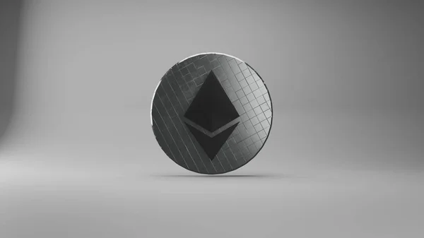 Ethereum (ETH) şifreleme parasının 3 boyutlu hali. Kripto para piyasası için parlak metal madeni para yüzeyi, döviz tanıtımı, web ve baskı şablonu için reklam amaçlı jeton döviz