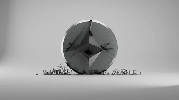 Ethereum (ETH) şifreleme parasının 3 boyutlu hali. Kripto para piyasası için parlak metal madeni para yüzeyi, döviz tanıtımı, web ve baskı şablonu için reklam amaçlı jeton döviz